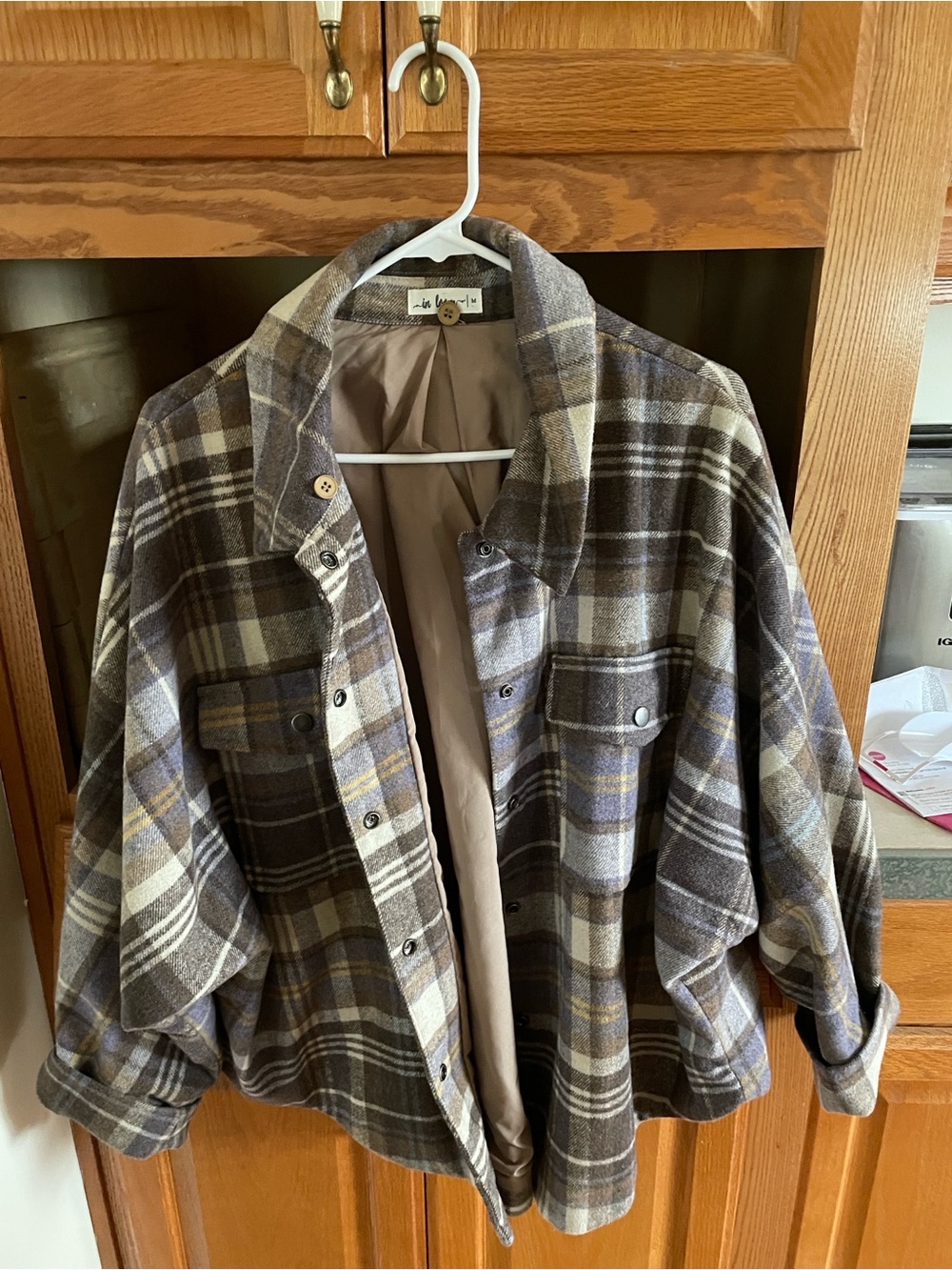 In Bloom Plaid Pea Coat in Brown, Cream & Gray